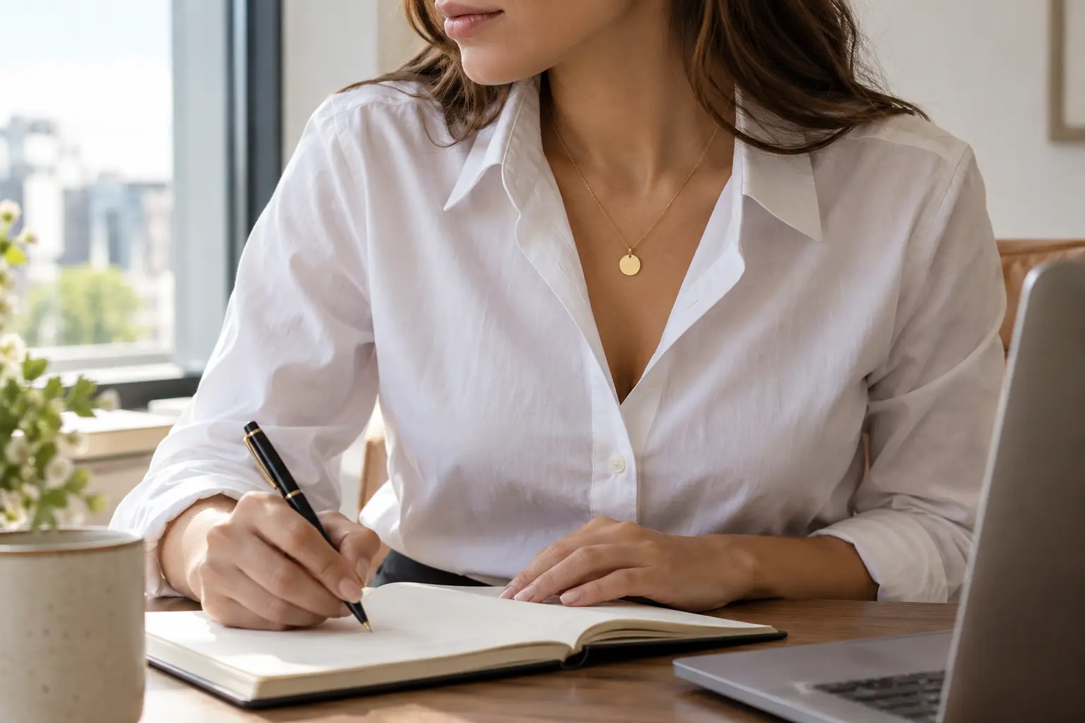 Short gold pendant worn inside the open collar of a white office shirt
