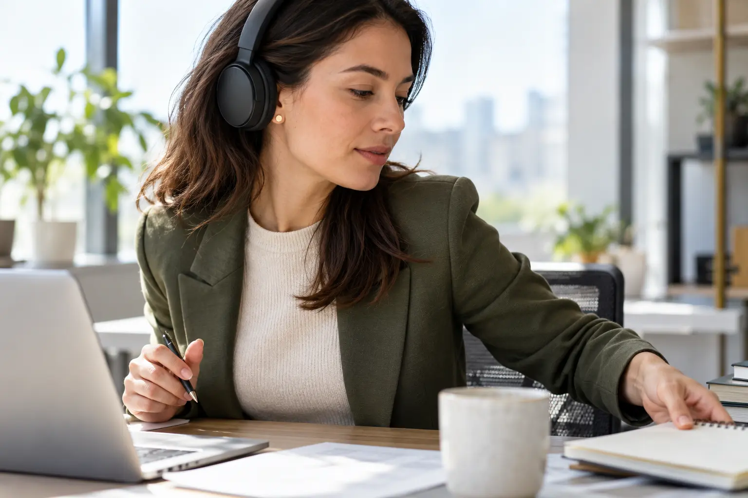 Woman at a desk wearing small gold studs that sit comfortably with headphones