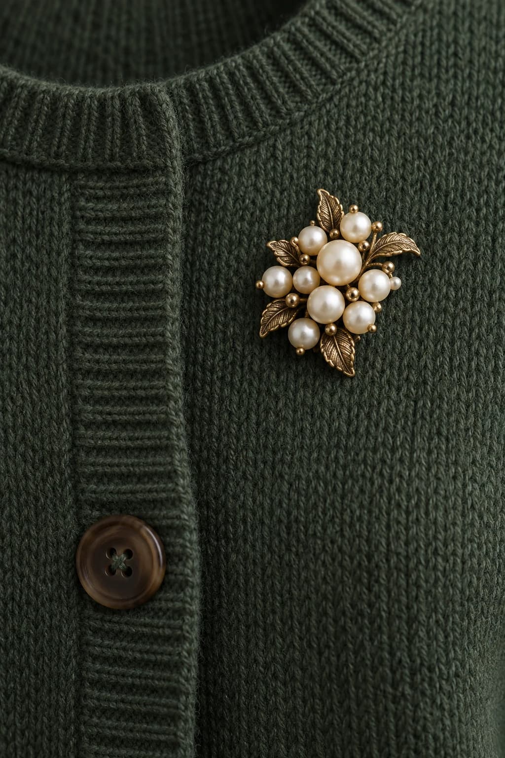 Compact pearl cluster brooch on a forest green cardigan beside its button band