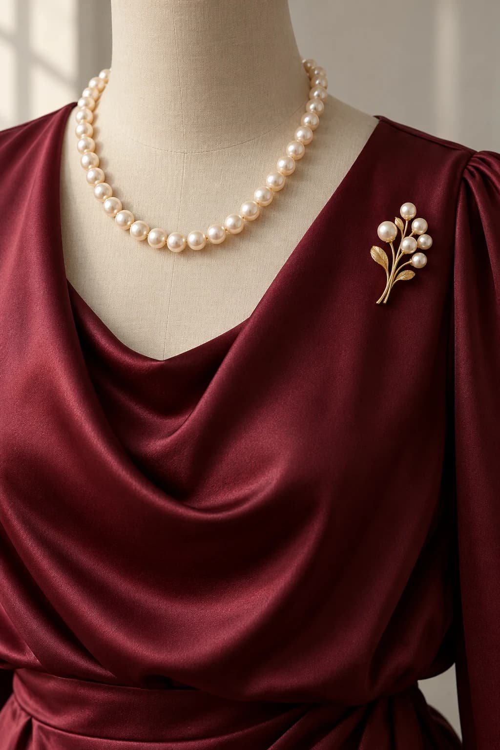 Cream pearl spray brooch and single pearl necklace on a burgundy satin blouse