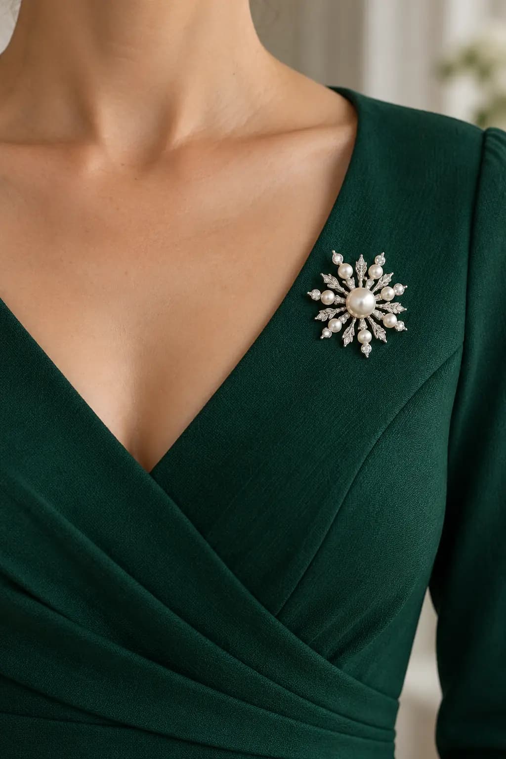 Pearl and silver starburst brooch placed to one side of an emerald green V-neck dress