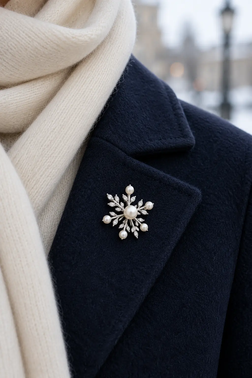 Pearl and silver starburst brooch on a navy wool coat lapel clear of a cream scarf