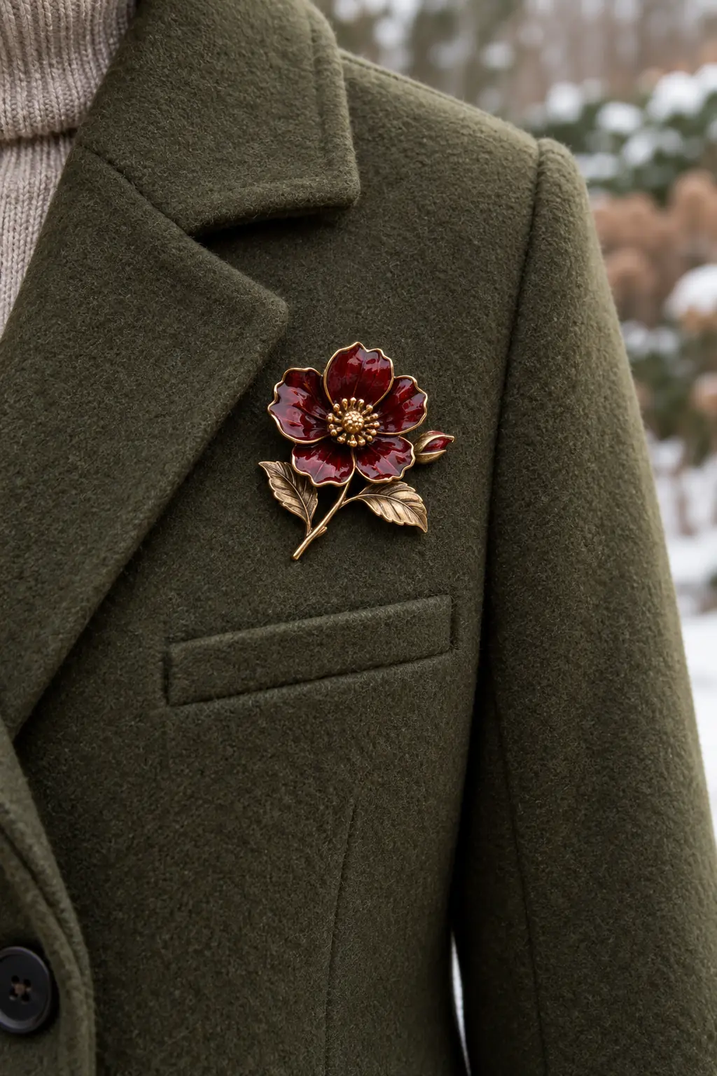 Antique-gold and red enamel flower brooch placed on flat olive wool above a coat pocket