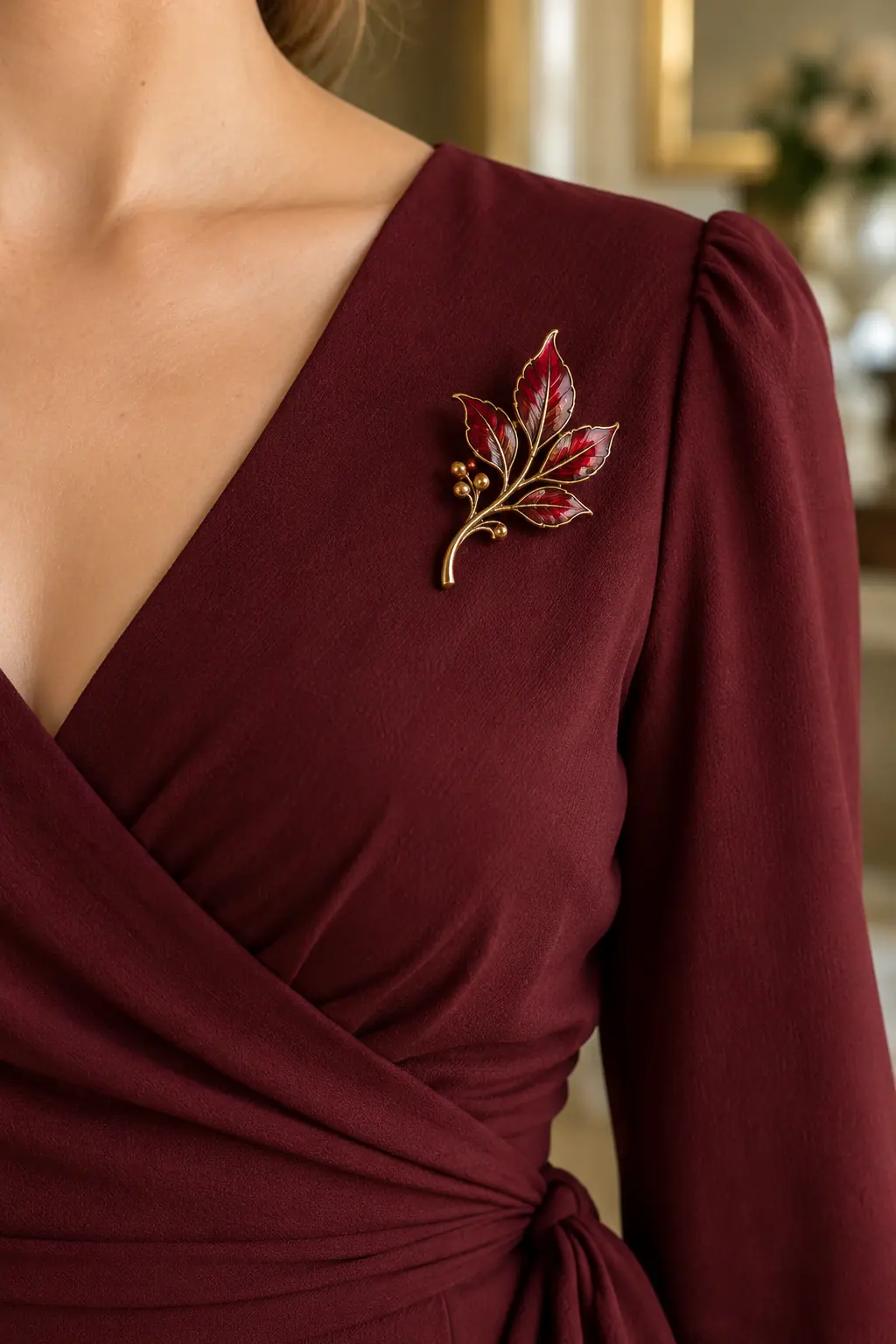 Antique-gold and red enamel leaf brooch on the flat bodice of a burgundy wrap dress