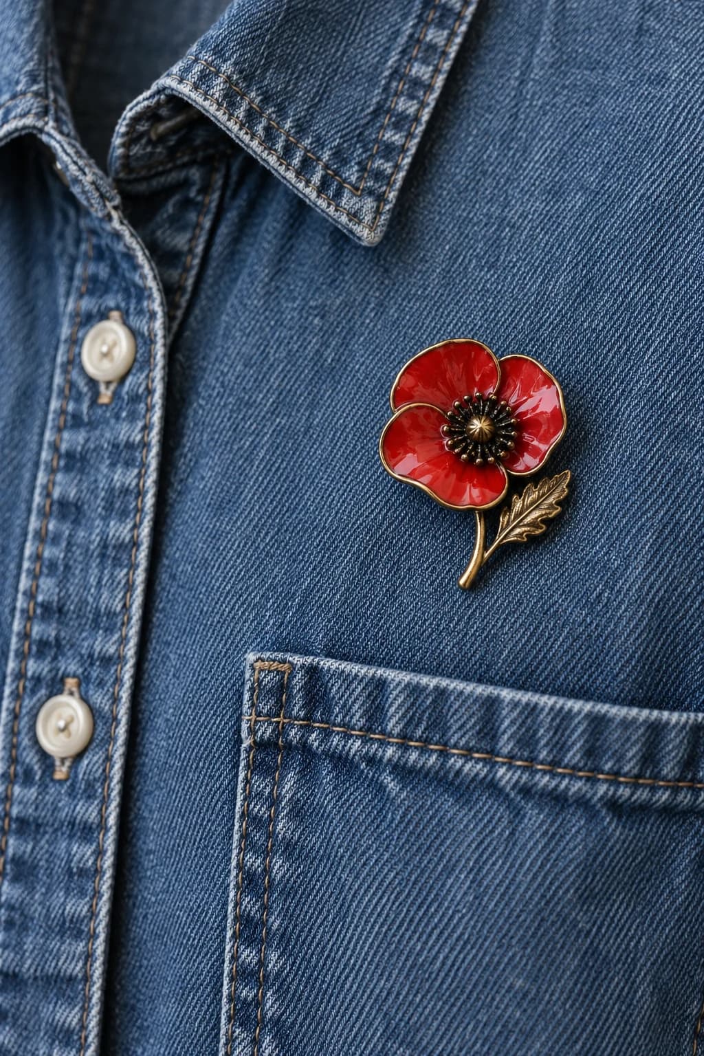 Red enamel poppy brooch positioned above the chest pocket of an indigo denim shirt