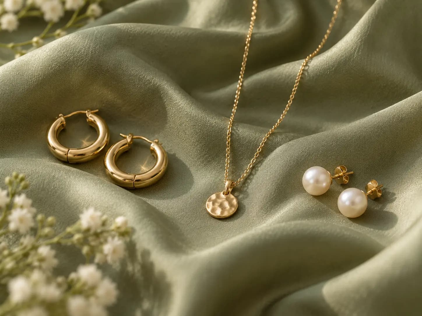 Gold hoops, a fine pendant and cream pearl studs arranged on sage-green silk