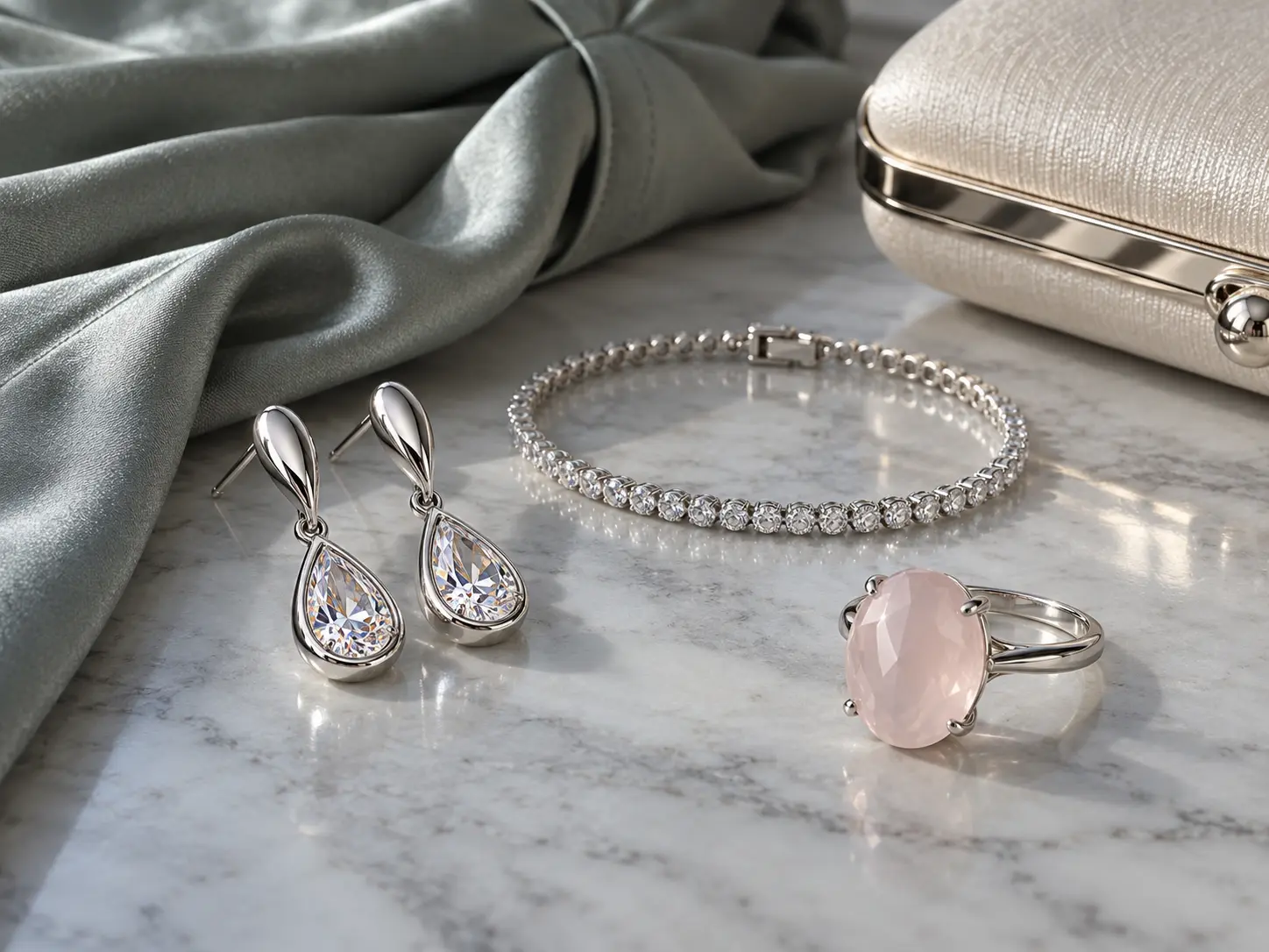 Silver drop earrings, crystal bracelet and rose quartz ring beside grey-sage satin