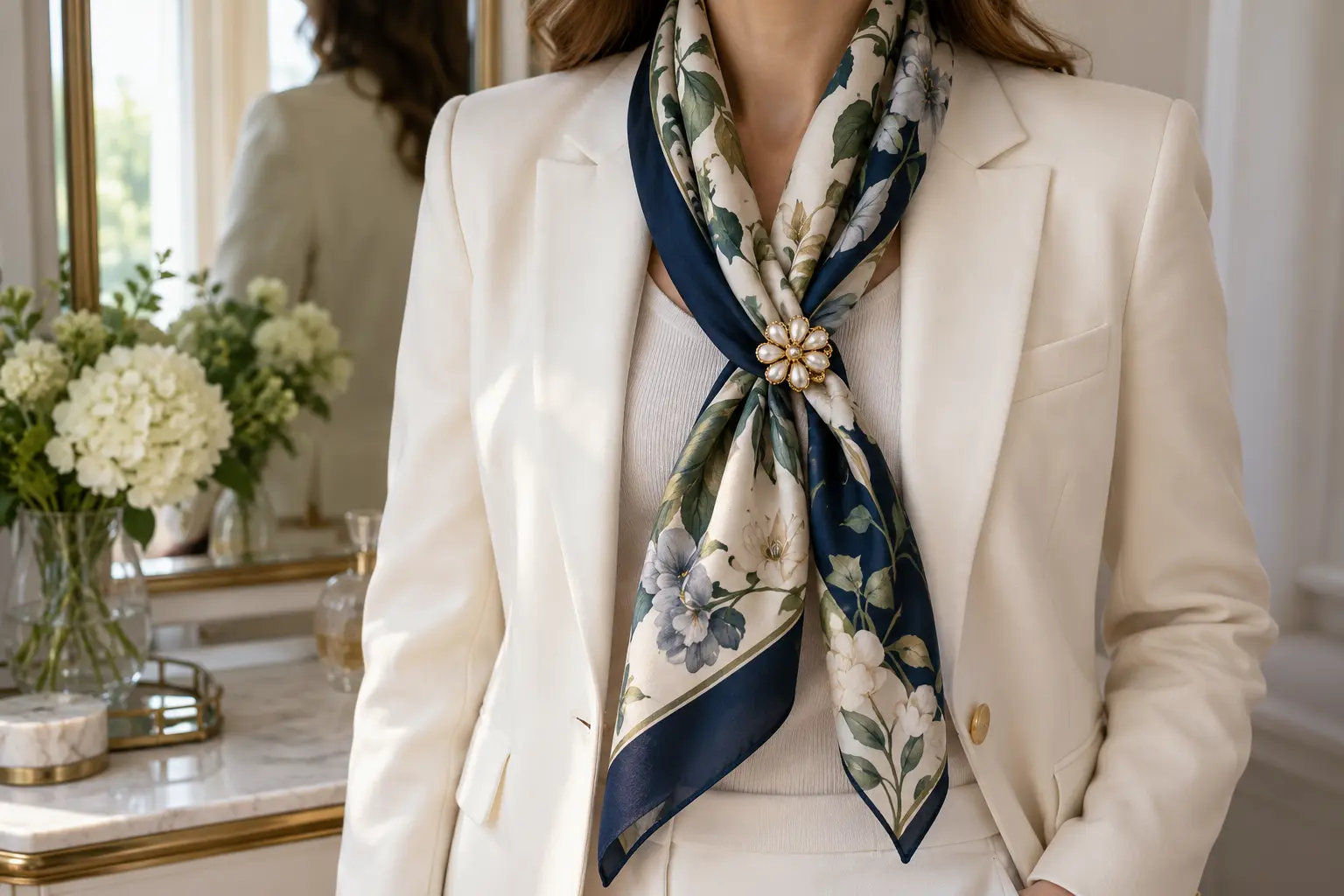 Brooch fastened off-centre where the two ends of a patterned scarf cross