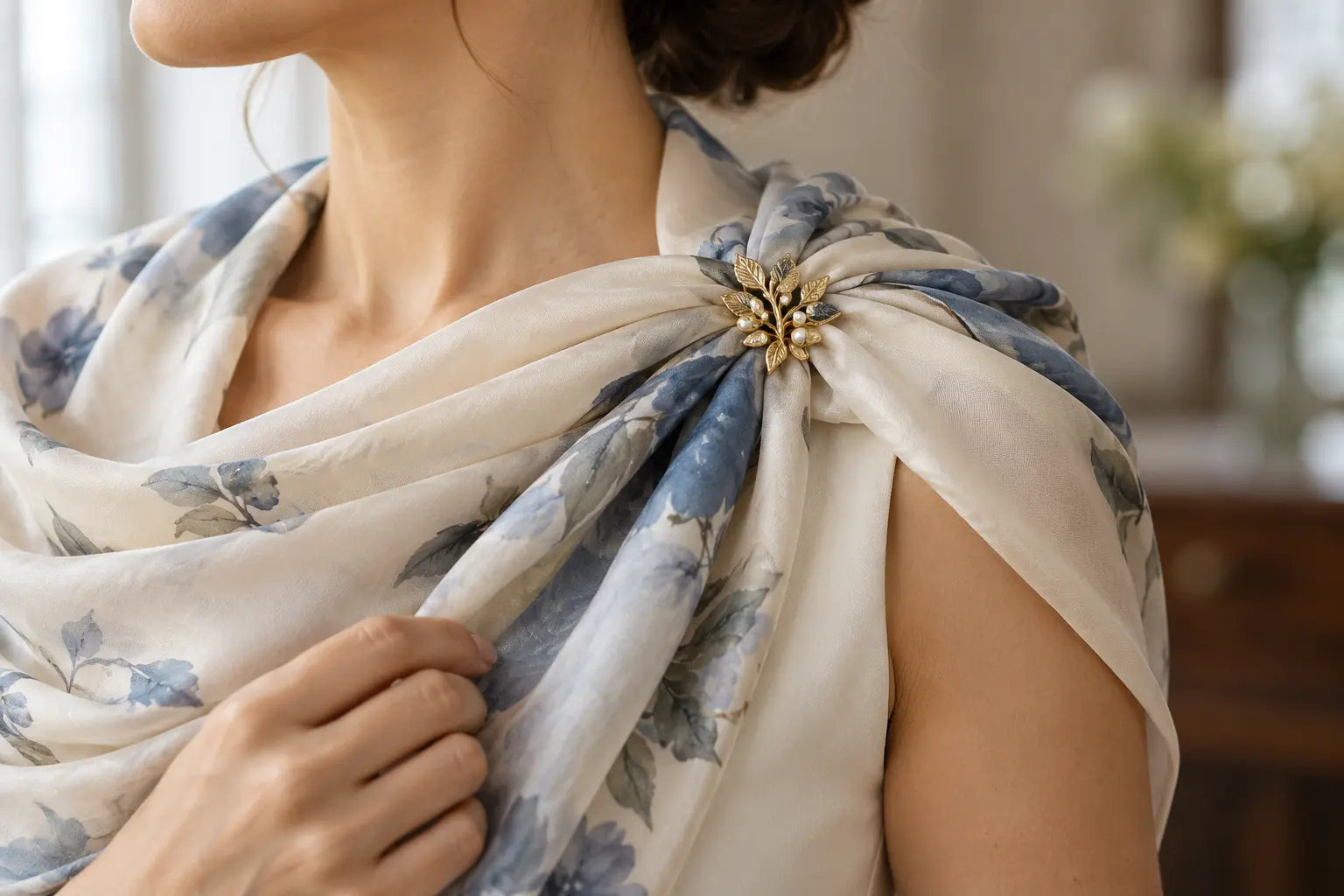 Small gold brooch holding several folds of a silk scarf at the shoulder