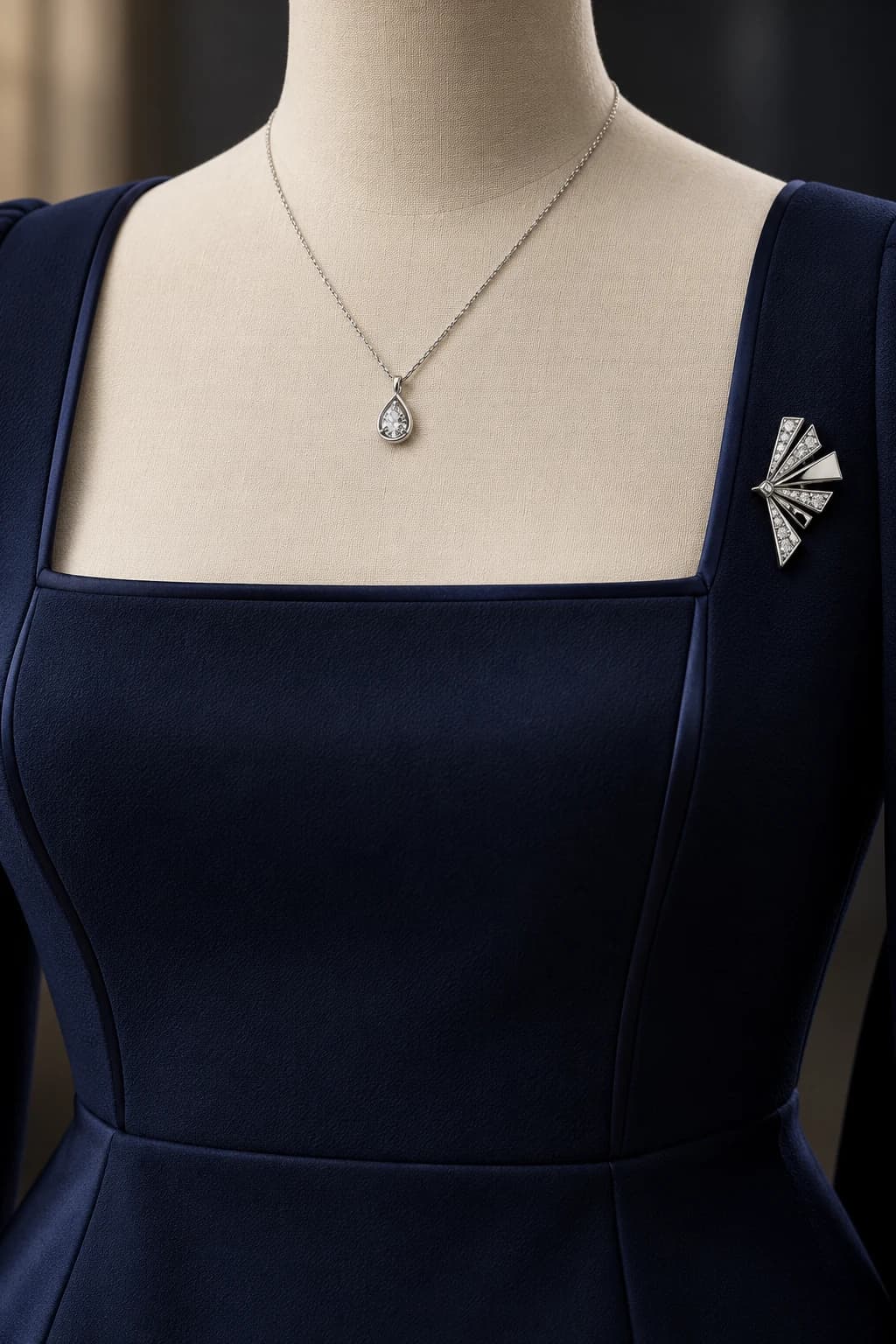 Small silver geometric brooch and fine pendant necklace on a navy square-neck blouse