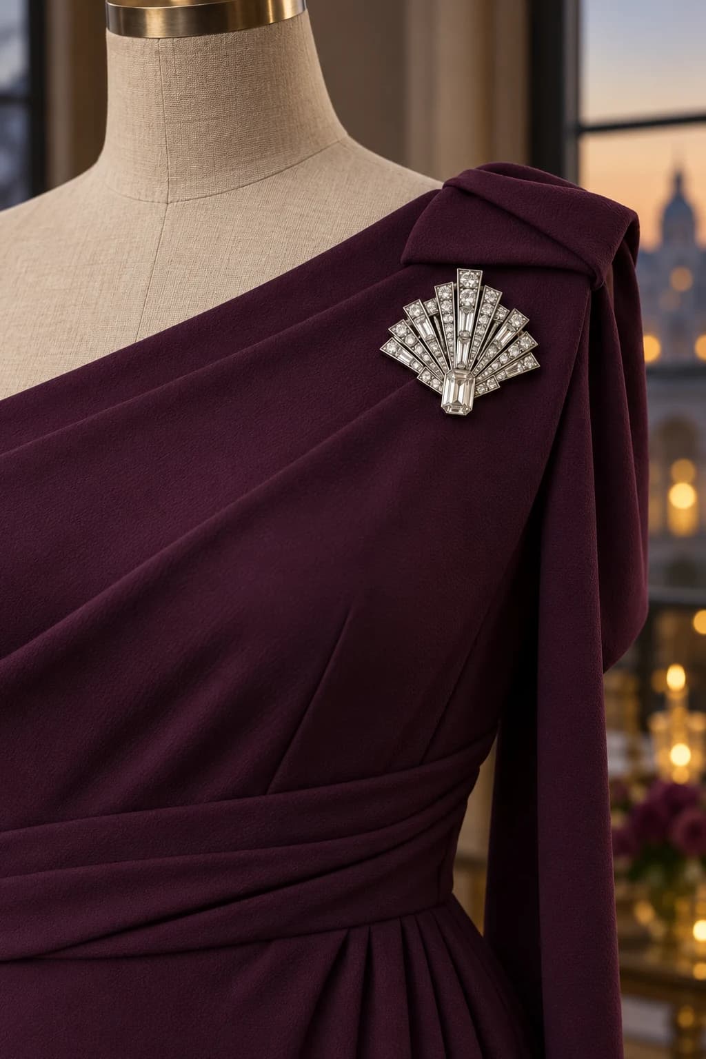 Silver and clear crystal fan brooch on the covered shoulder side of a deep plum occasion dress