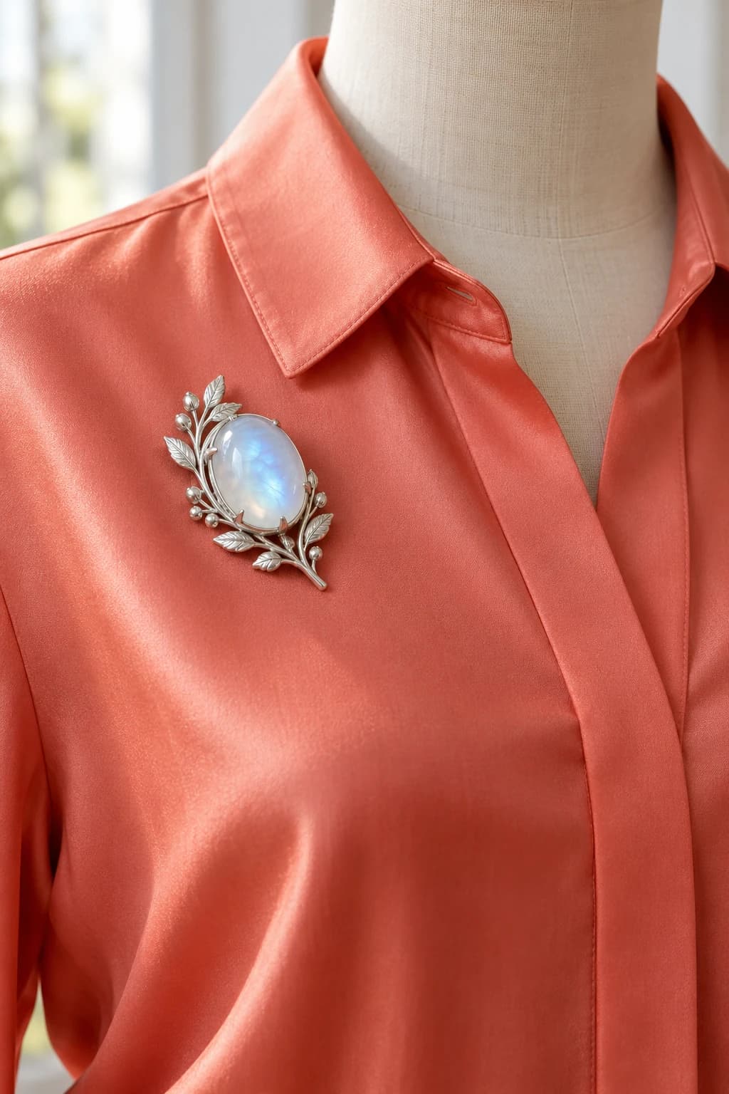 Silver moonstone brooch on the right upper chest of a coral silk shirt