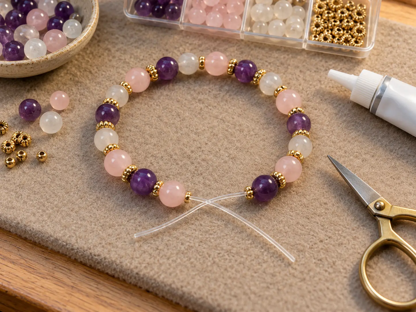 Nearly finished stretch bracelet with elastic ends ready to knot on a bead mat