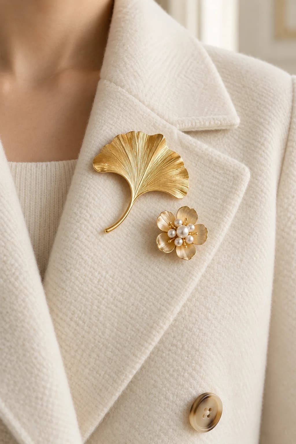 Brushed-gold ginkgo leaf and smaller pearl blossom brooch worn together on an ivory wool coat lapel