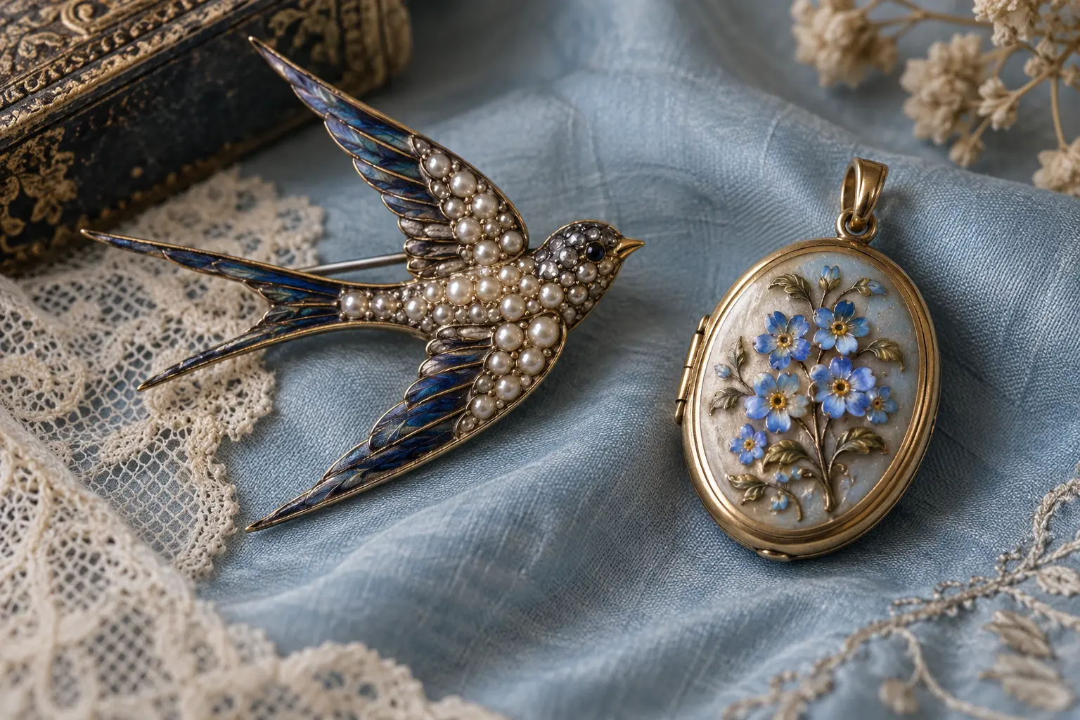 Period-inspired Victorian swallow brooch and forget-me-not locket on silk