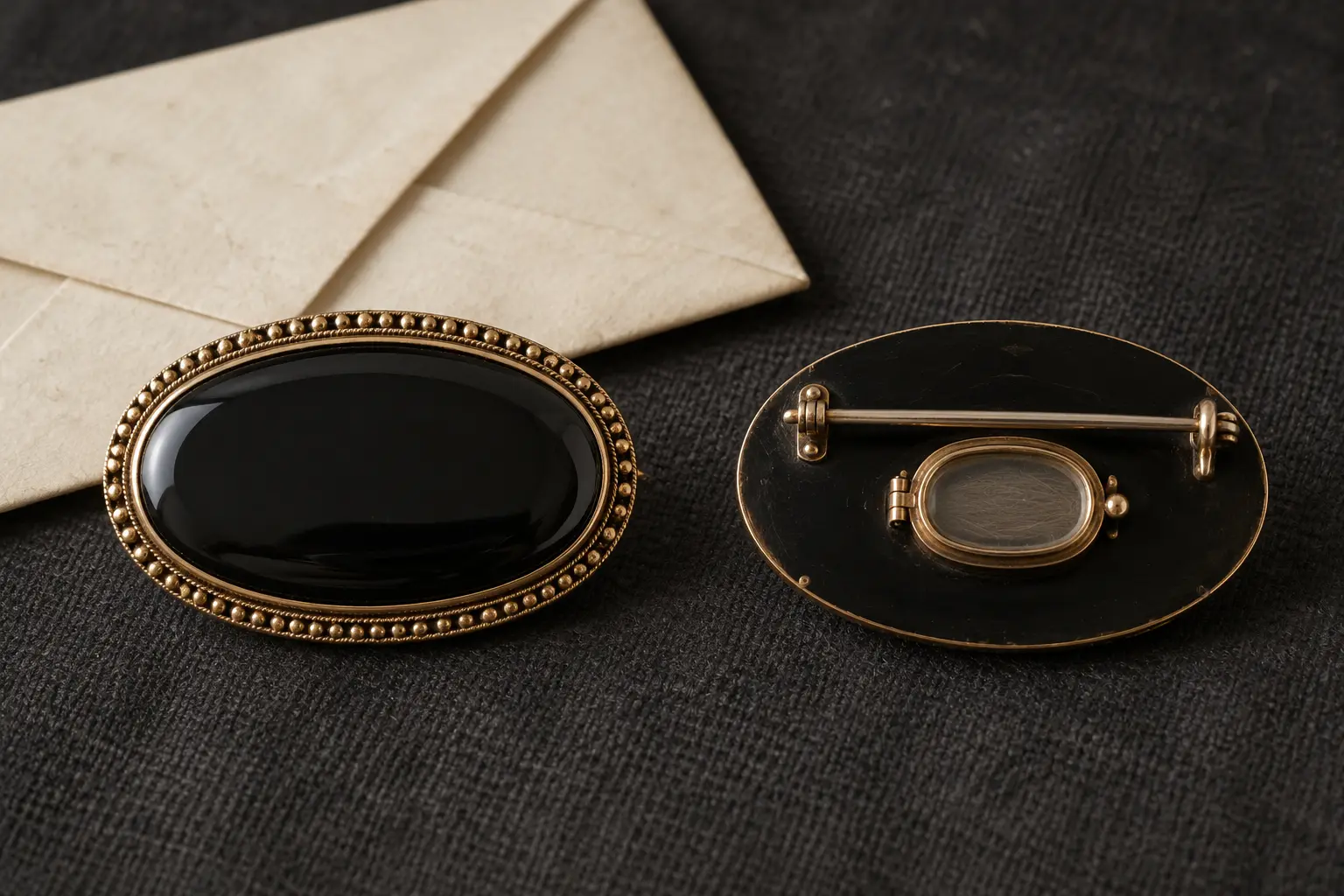 Period-inspired Victorian memorial brooch with black material and a closed hair compartment