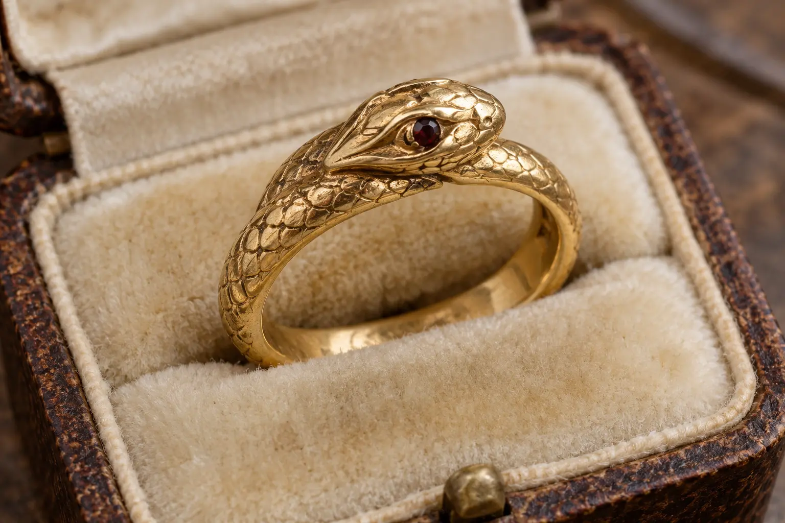 Period-inspired Victorian gold snake ring with a small coloured stone head