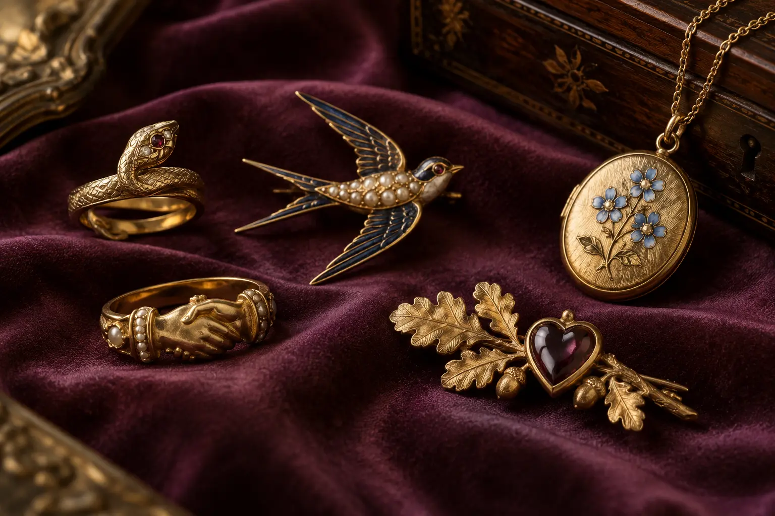 Collection of period-inspired Victorian jewellery with snake, swallow and flower motifs