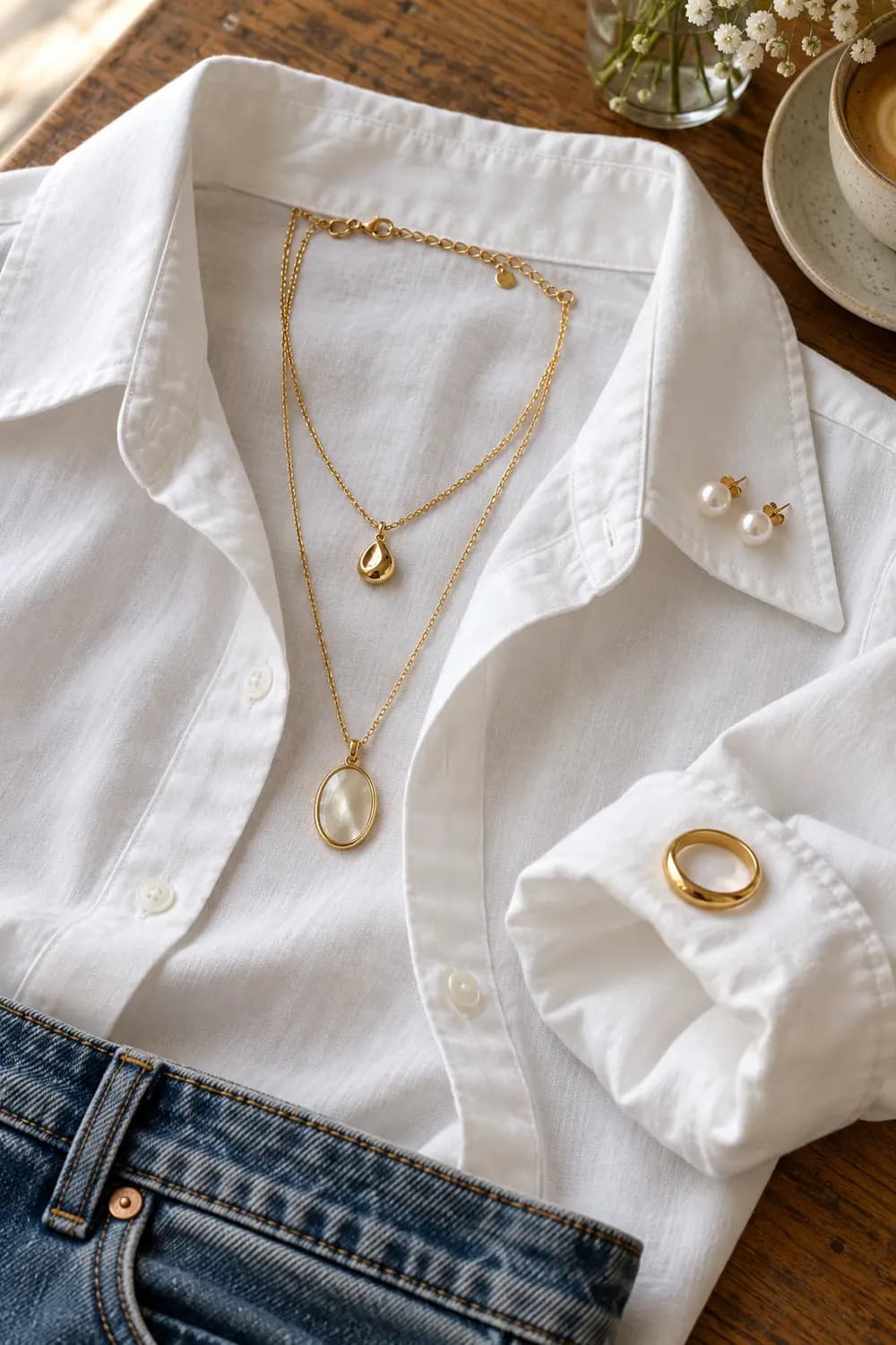 Layered gold necklaces, pearl studs and a gold ring styled with a white shirt and jeans