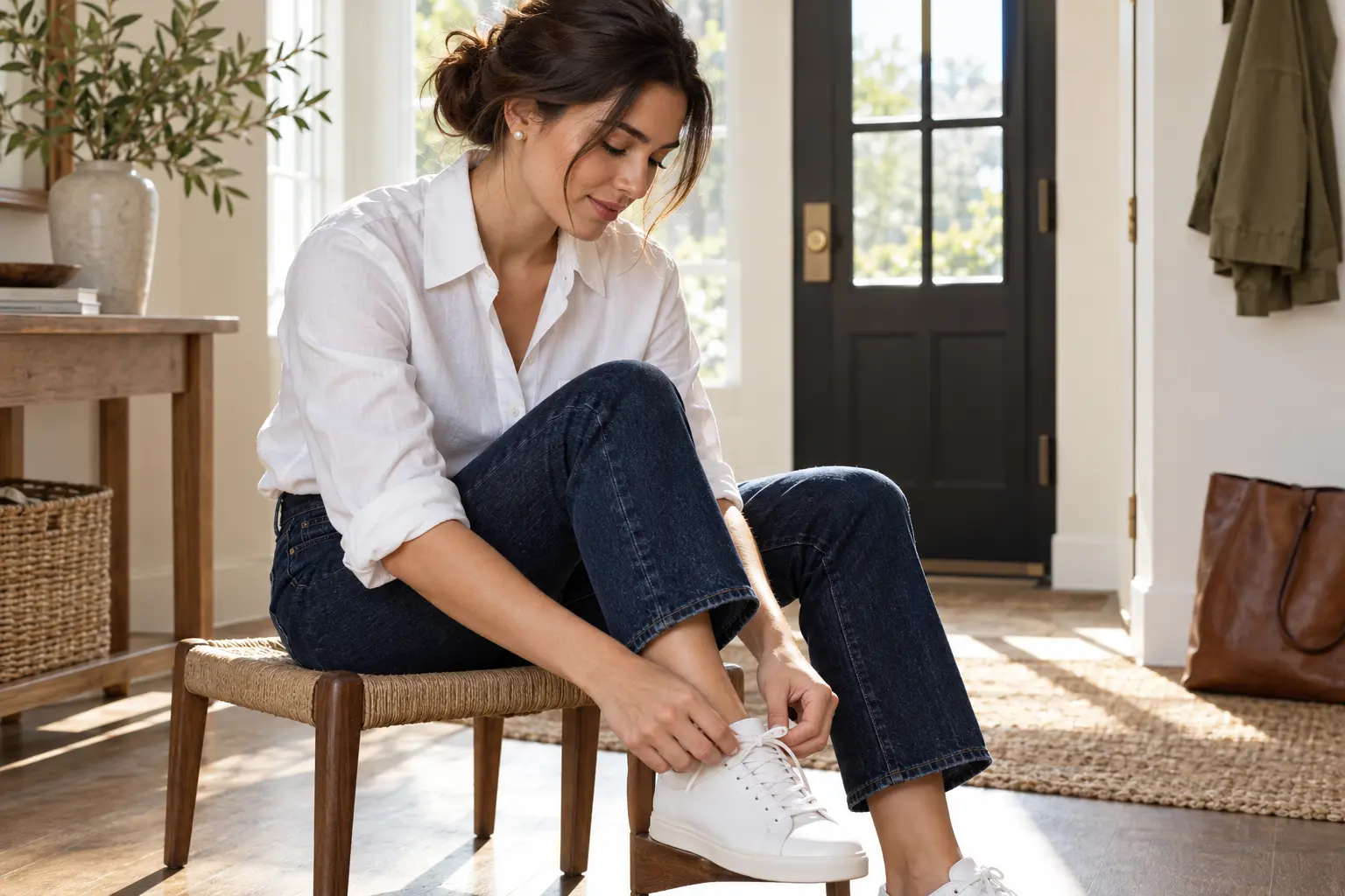 Pearl studs worn with a relaxed white shirt and dark indigo jeans